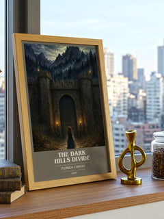 The Dark Hills divide book cover print framed by window – literary home decor