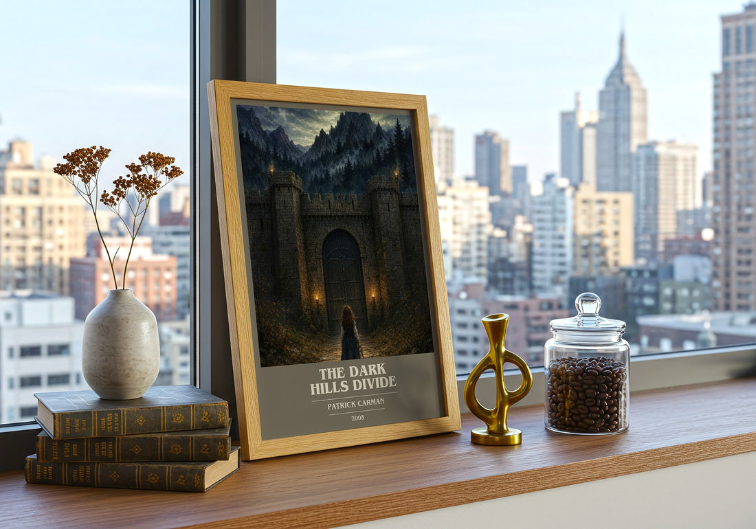 The Dark Hills divide book cover print framed by window – literary home decor