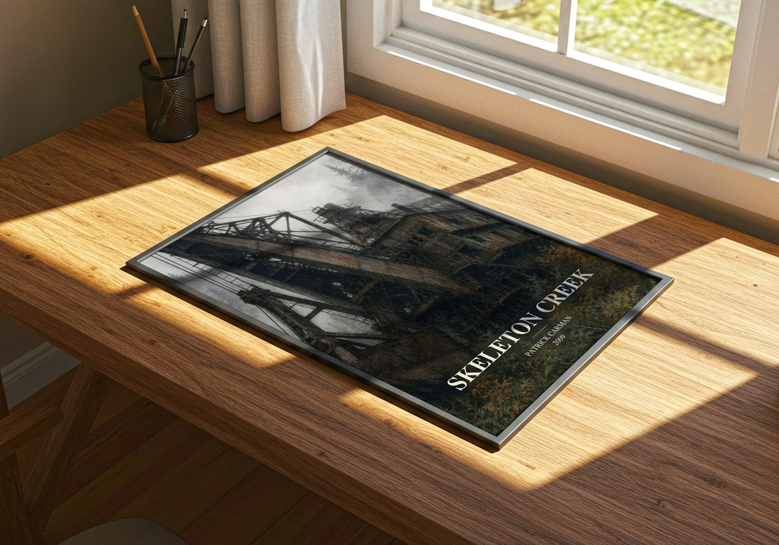 Skeleton Creek watercolour book poster framed on wall – mystery wall art