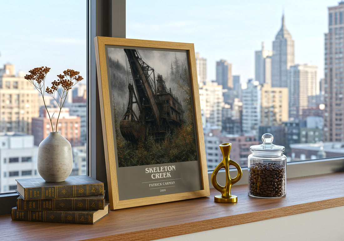 Skeleton Creek book cover print framed by window – literary home decor
