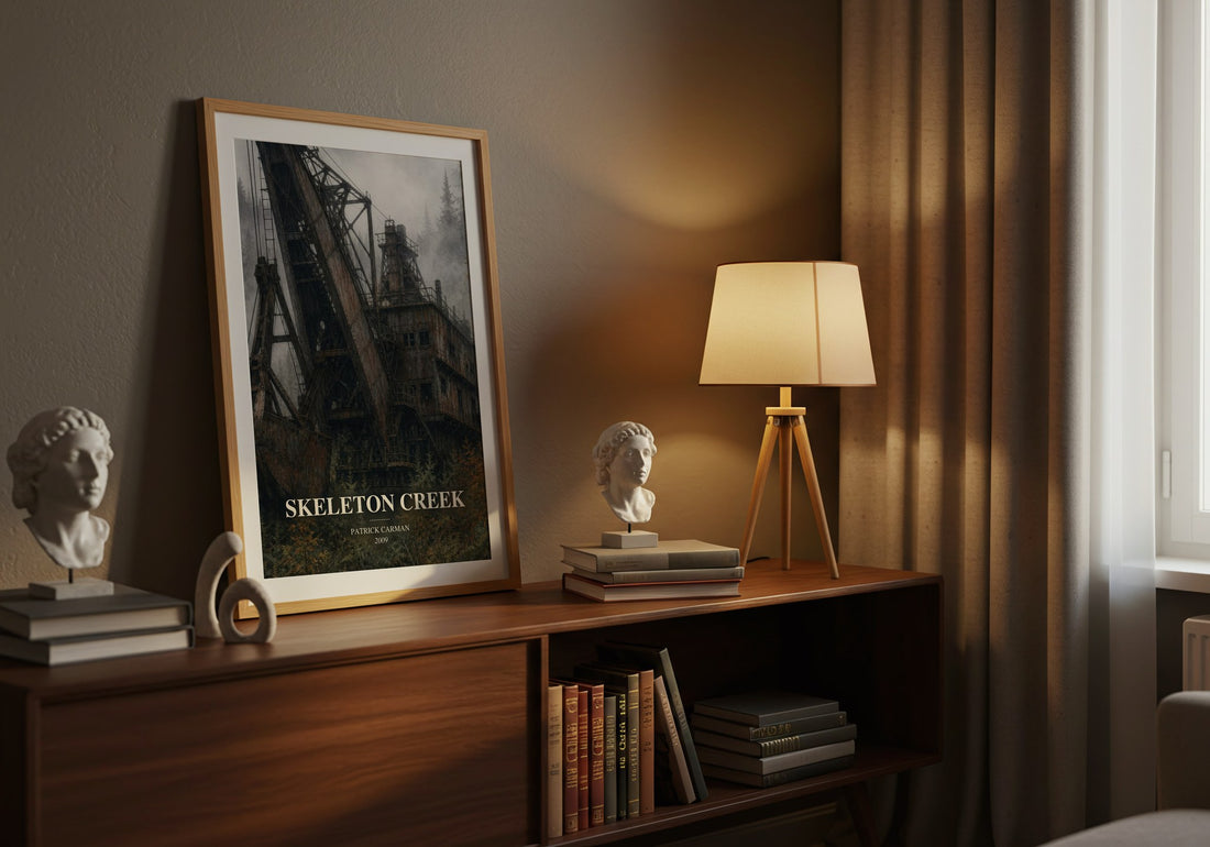 Skeleton Creek watercolour print on bookshelf – Patrick Carman fan gift