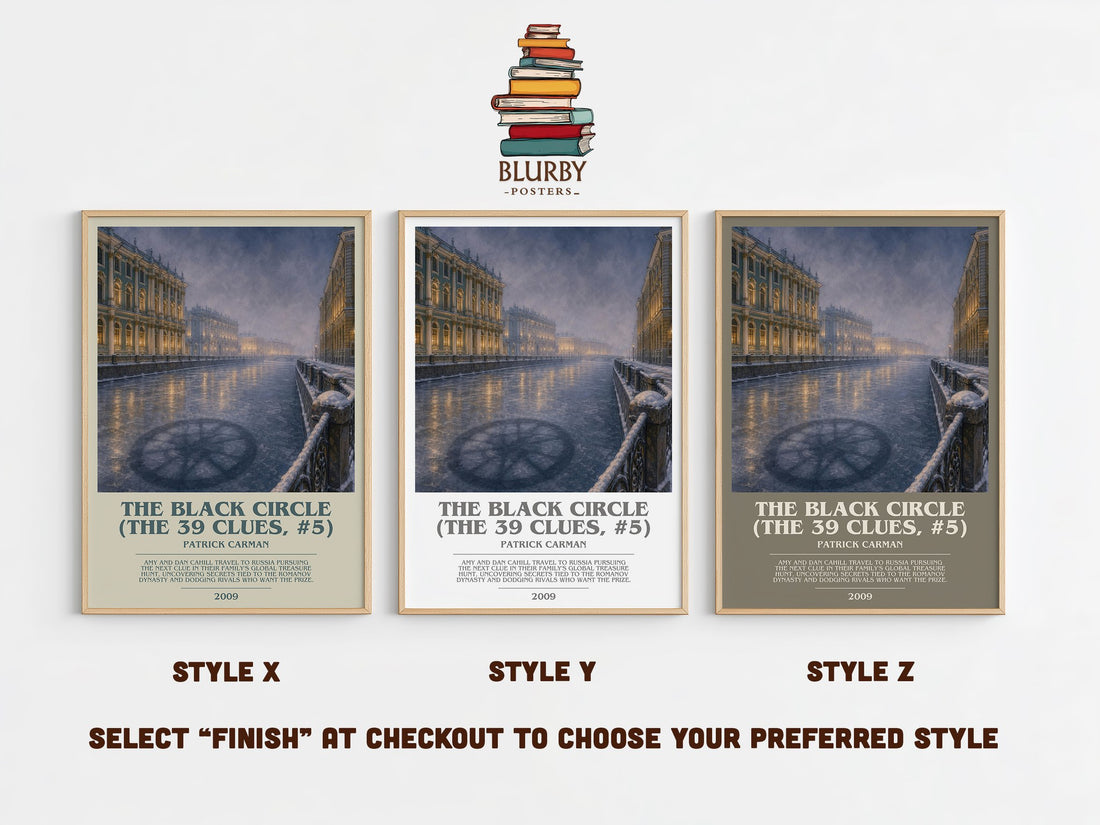 The Black Circle (The 39 Clues, #5) bookish print in frame leaning in hallway – young adult wall art (mockup)