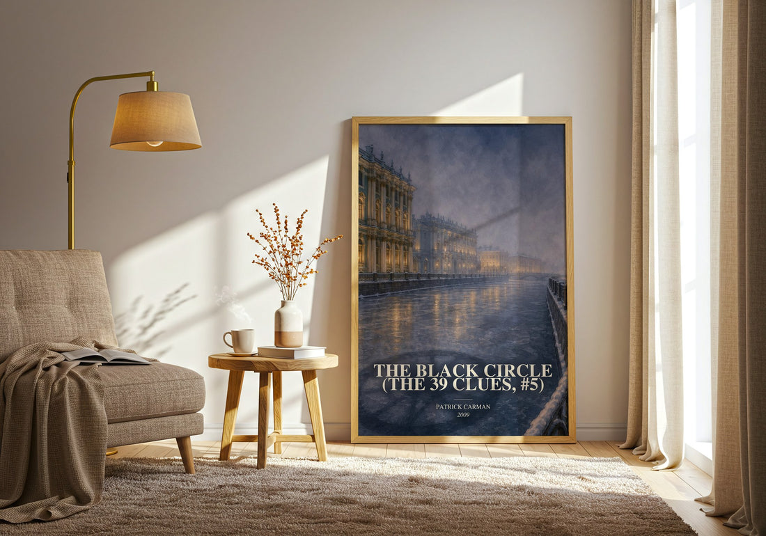 The Black Circle (The 39 Clues, #5) watercolour print in frame leaning in hallway – young adult wall art