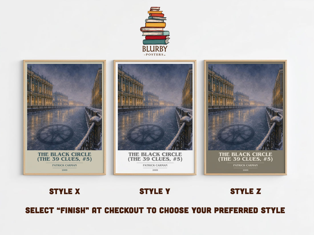 The Black Circle (The 39 Clues, #5) book cover print in frame leaning in hallway – young adult wall art (mockup)