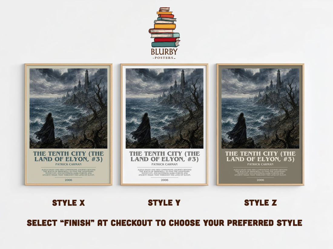 The Tenth City (The Land of Elyon, #3) bookish print in frame leaning in hallway – fantasy wall art (mockup)