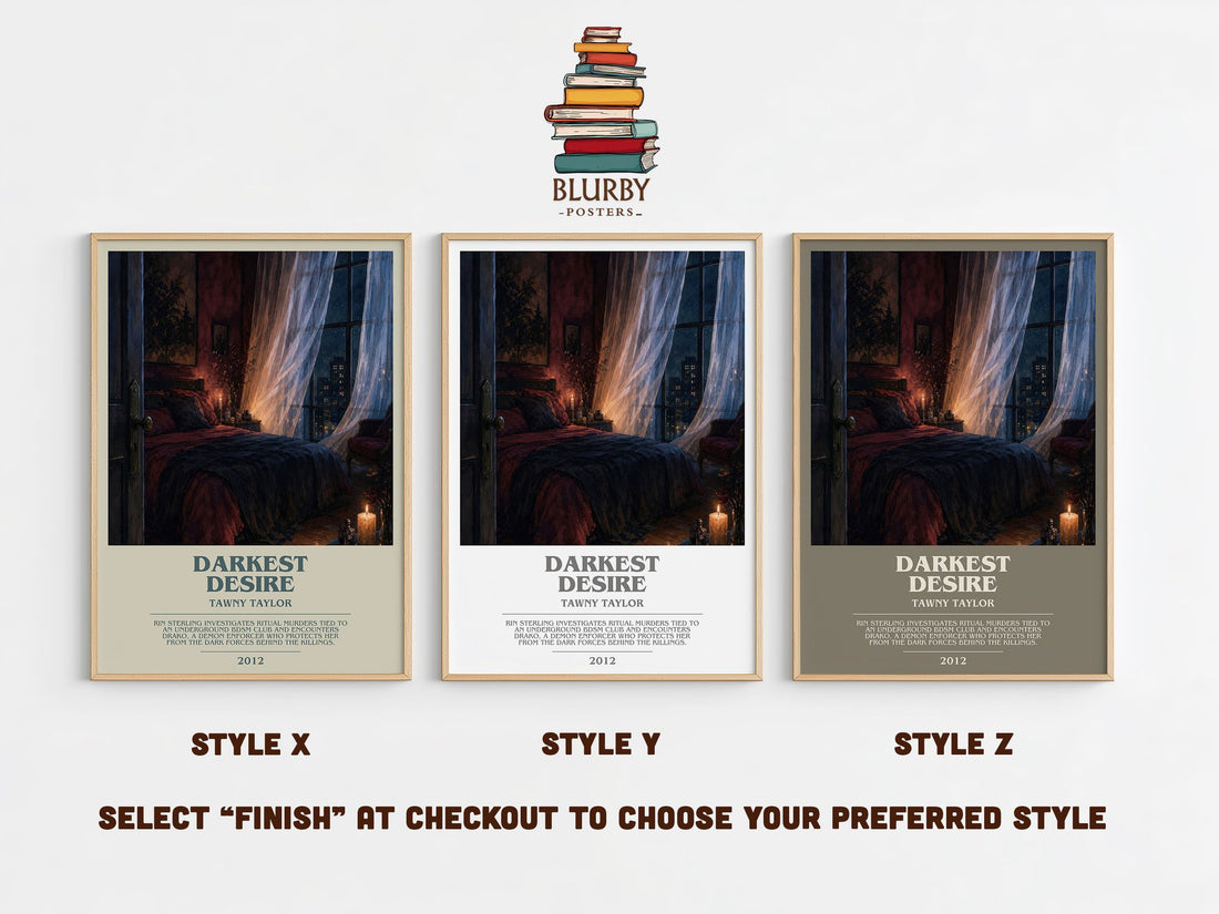 Darkest desire bookish print in frame leaning in hallway – romance wall art (mockup)