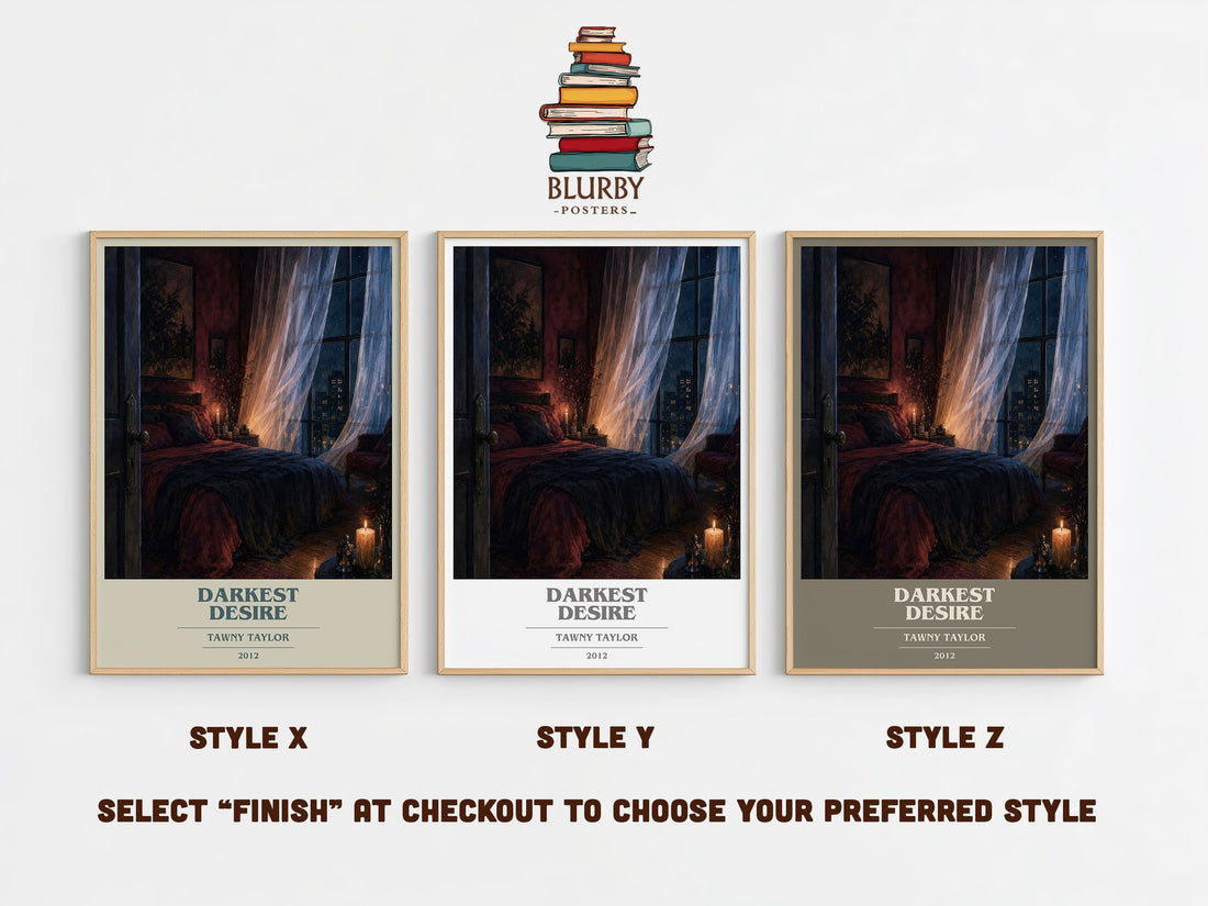 Darkest desire book cover print in frame leaning in hallway – romance wall art (mockup)