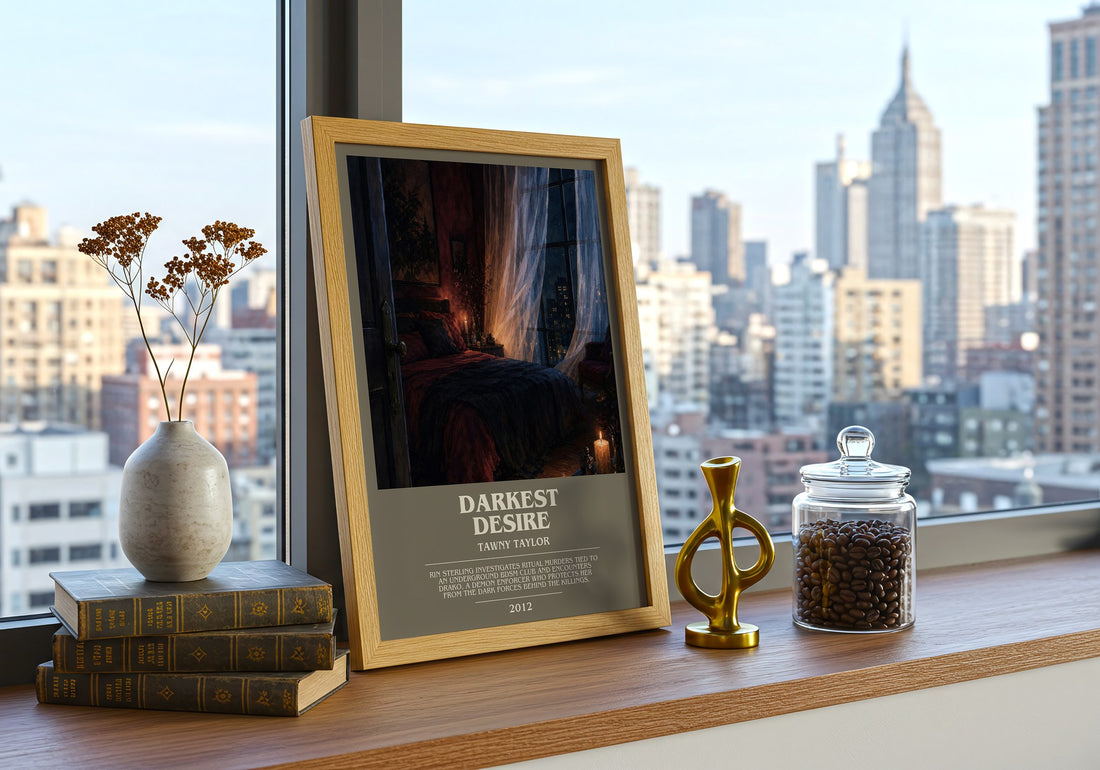Darkest desire bookish print framed by window – literary home decor