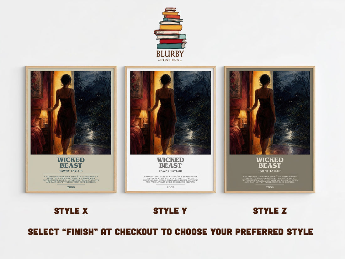 Wicked beast bookish print in frame leaning in hallway – romance wall art (mockup)