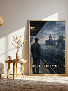 Out of this world watercolour print in frame leaning in hallway – sci fi wall art