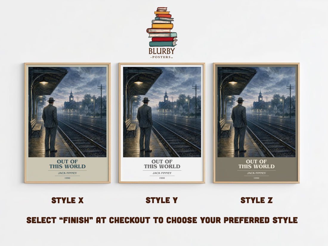Out of this world book cover print in frame leaning in hallway – sci fi wall art (mockup)