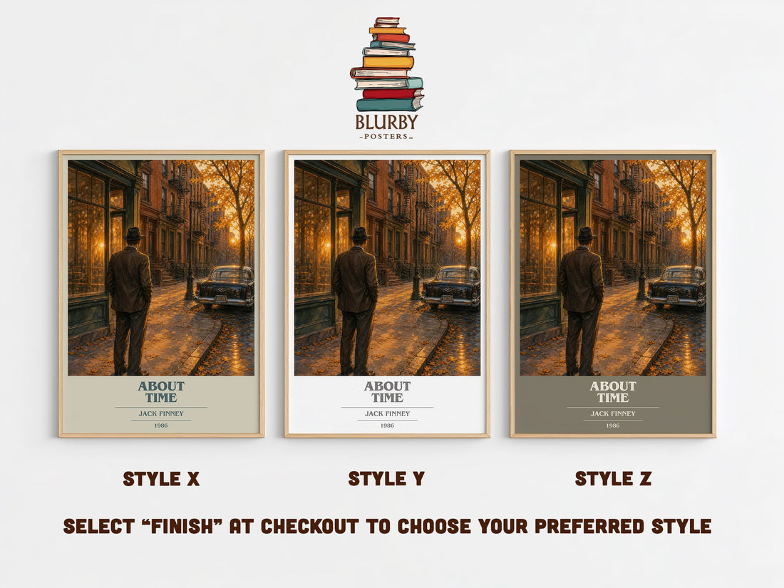 About time book cover print in frame leaning in hallway – sci fi wall art (mockup)