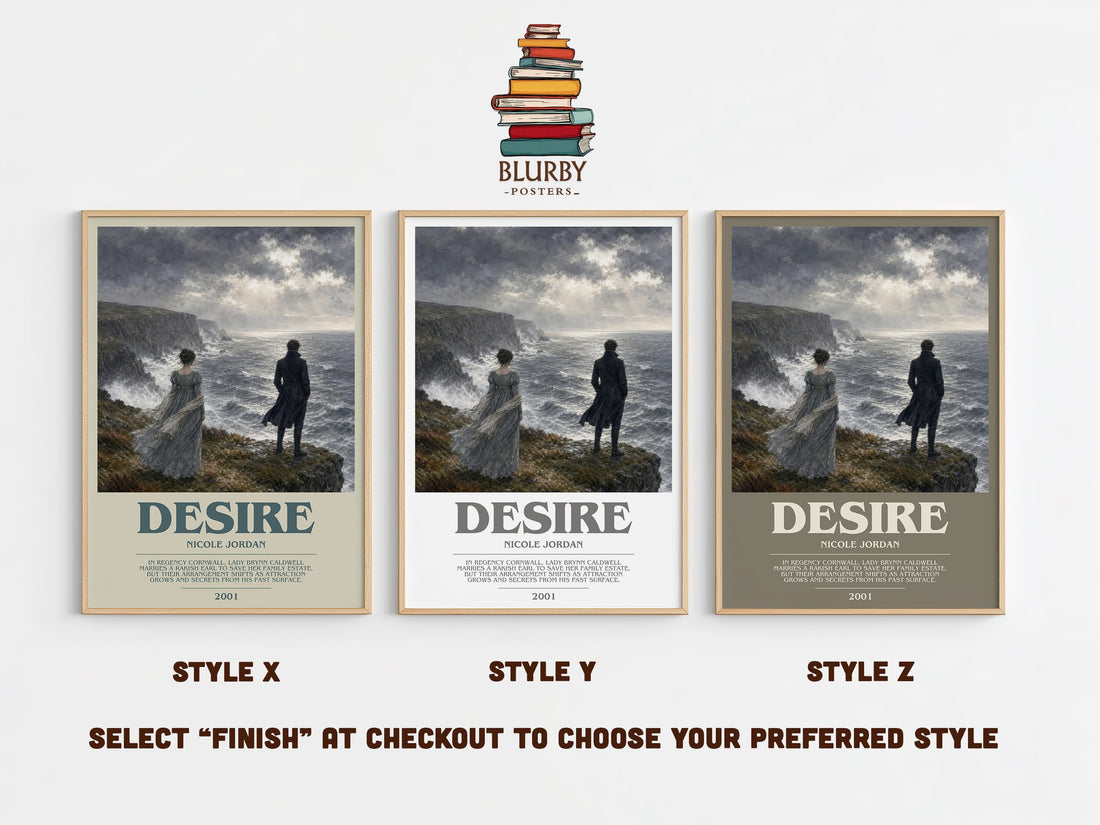 Desire bookish print in frame leaning in hallway – romance wall art (mockup)