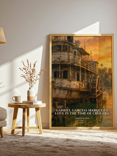 Gabriel Garcias Marquez's Love In The Time Of Cholera watercolour print in frame leaning in hallway – non fiction wall art