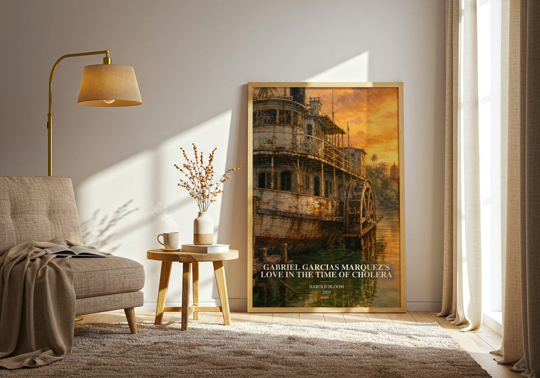 Gabriel Garcias Marquez's Love In The Time Of Cholera watercolour print in frame leaning in hallway – non fiction wall art