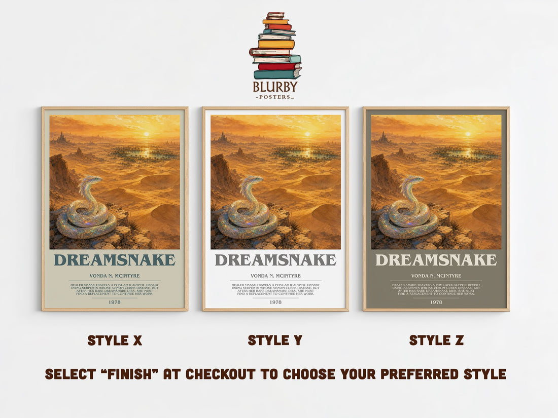 Dreamsnake bookish print in frame leaning in hallway – sci fi wall art (mockup)