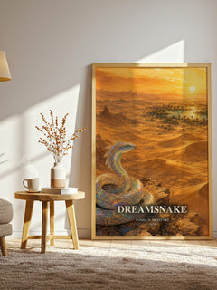 Dreamsnake watercolour print in frame leaning in hallway – sci fi wall art