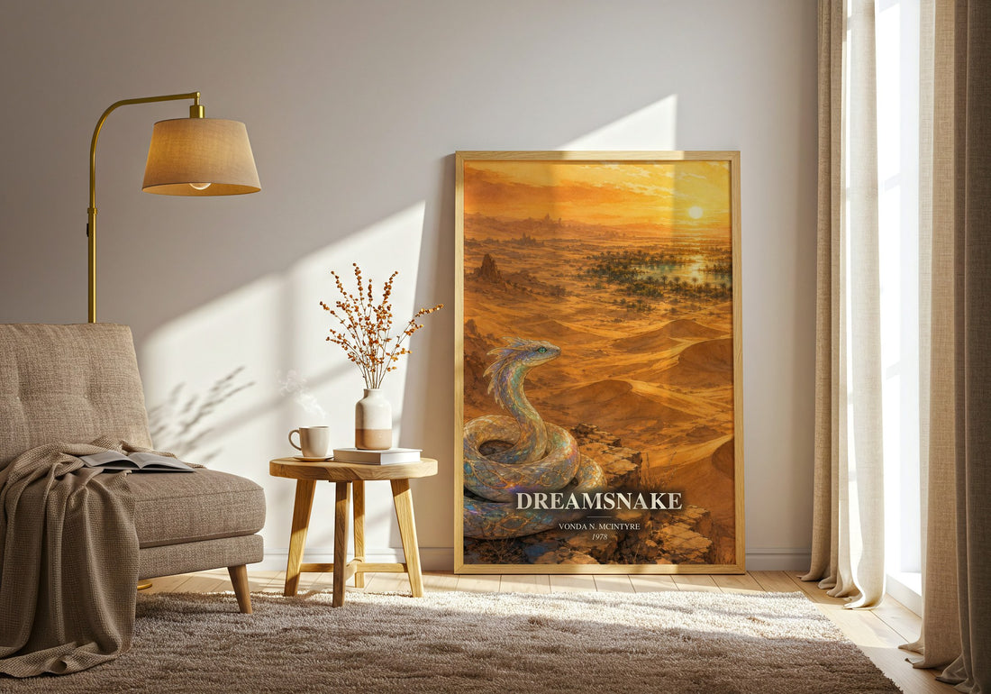 Dreamsnake watercolour print in frame leaning in hallway – sci fi wall art
