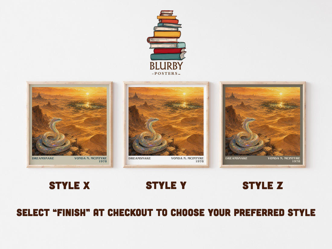 Dreamsnake literary print in frame leaning in hallway – sci fi wall art (mockup)