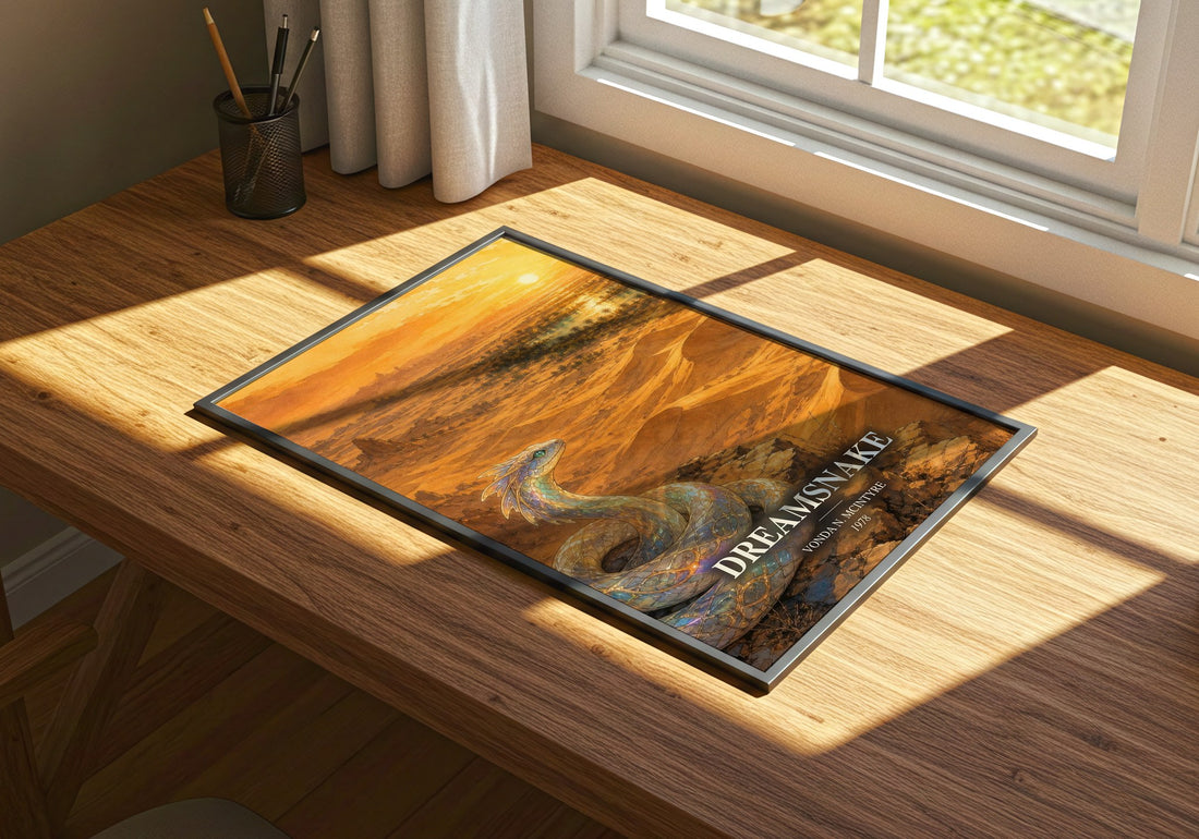 Dreamsnake watercolour book poster framed on wall – sci fi wall art