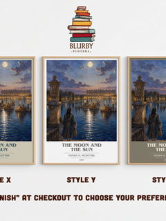 The Moon and the Sun book cover print in frame leaning in hallway – fantasy wall art