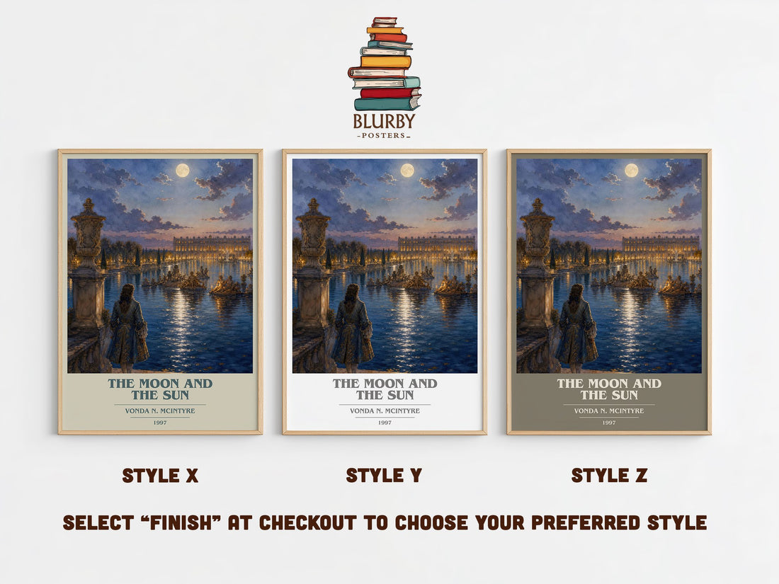 The Moon and the Sun book cover print in frame leaning in hallway – fantasy wall art (mockup)