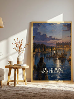 The Moon and the Sun watercolour print in frame leaning in hallway – fantasy wall art