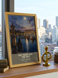 The Moon and the Sun book cover print framed by window – literary home decor