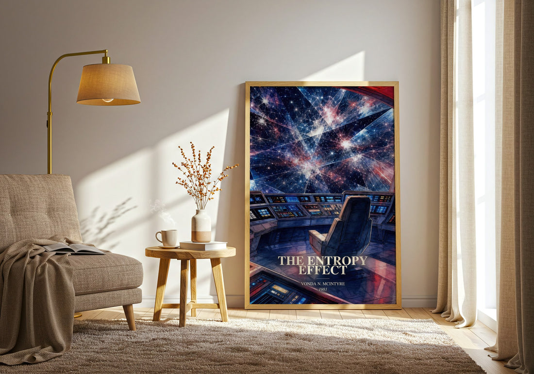 The Entropy Effect watercolour print in frame leaning in hallway – sci fi wall art