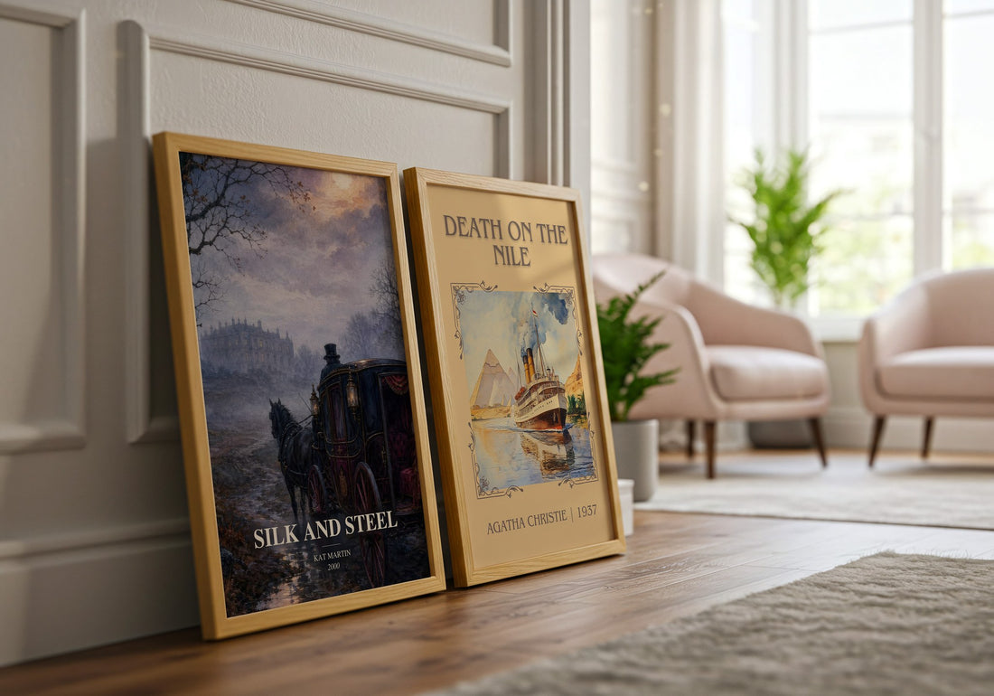 Silk and Steel watercolour print framed by window – literary home decor