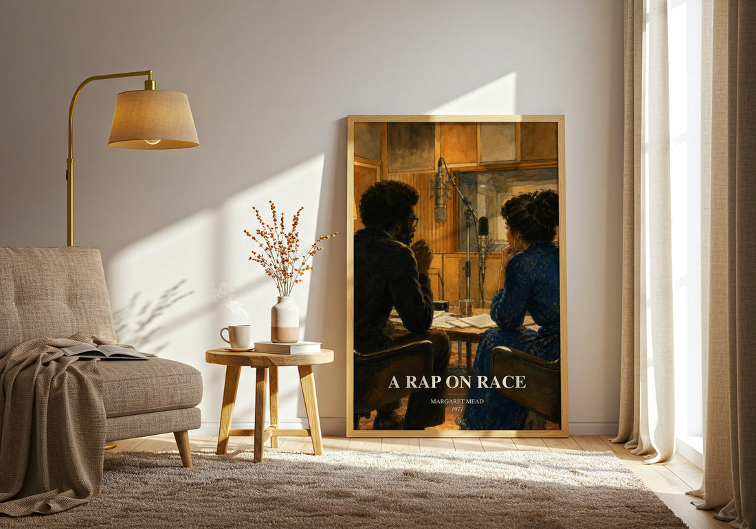 A rap on race watercolour print in frame leaning in hallway – non fiction wall art