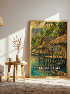 Male and female watercolour print in frame leaning in hallway – non fiction wall art