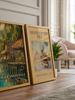 Male and female watercolour print framed by window – literary home decor
