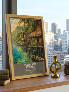 Male and female book cover print framed by window – literary home decor