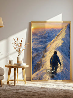 Peak watercolour print in frame leaning in hallway – young adult wall art