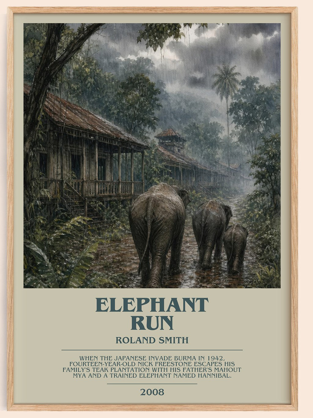 Elephant run bookish book poster by Roland Smith – framed literary art print