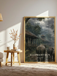 Elephant run watercolour print in frame leaning in hallway – young adult wall art