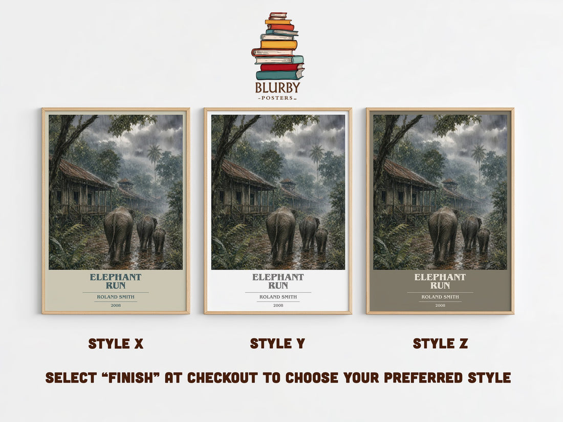 Elephant run book cover print in frame leaning in hallway – young adult wall art (mockup)