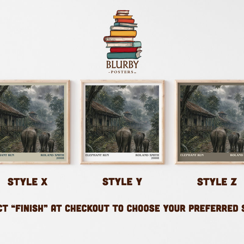 Elephant run literary print in frame leaning in hallway – young adult wall art
