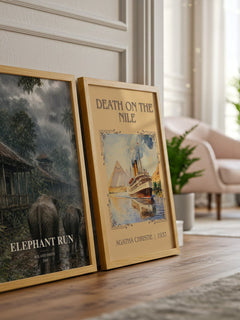 Elephant run watercolour print framed by window – literary home decor