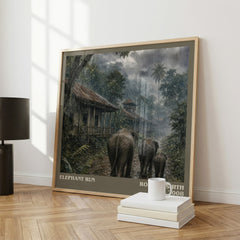 Elephant run literary print framed by window – literary home decor