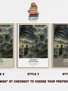 Storm Runners book cover print in frame leaning in hallway – adventure wall art
