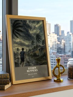 Storm Runners book cover print framed by window – literary home decor