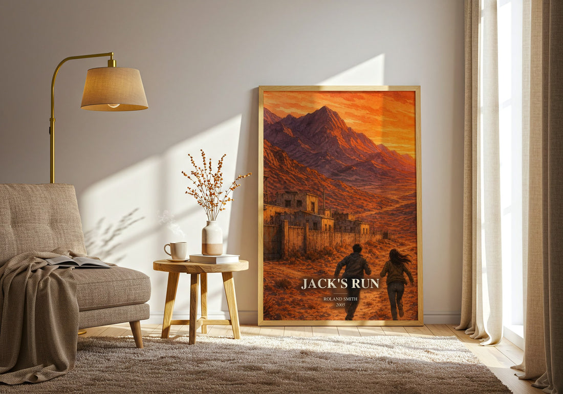 Jack's run watercolour print in frame leaning in hallway – young adult wall art