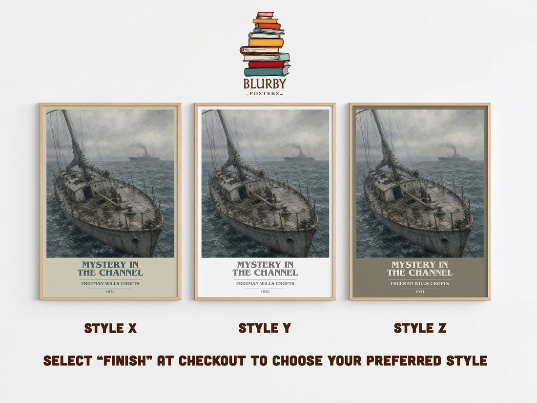 Mystery in the channel book cover print in frame leaning in hallway – mystery wall art (mockup)