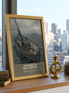 Mystery in the channel book cover print framed by window – literary home decor