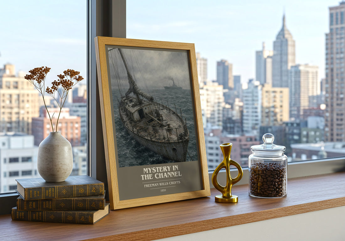 Mystery in the channel book cover print framed by window – literary home decor