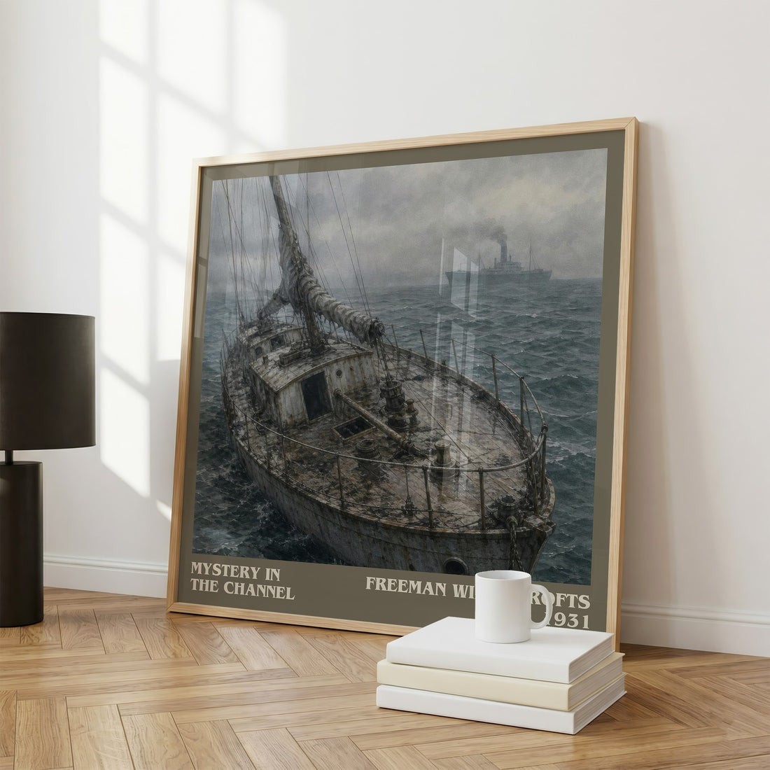 Mystery in the channel literary print framed by window – literary home decor