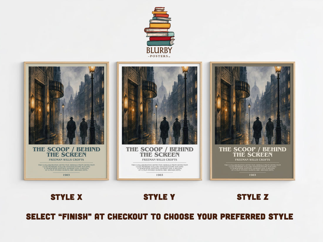 The Scoop / Behind the Screen bookish print in frame leaning in hallway – mystery wall art (mockup)