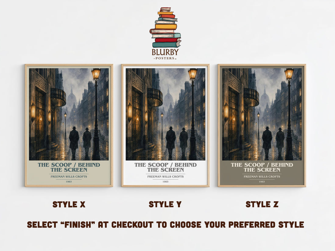 The Scoop / Behind the Screen book cover print in frame leaning in hallway – mystery wall art (mockup)